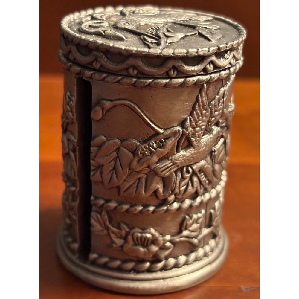 Vintage M.T. Hummingbird Metal Stamp Dispenser Floral Pewter Style Roll Holder